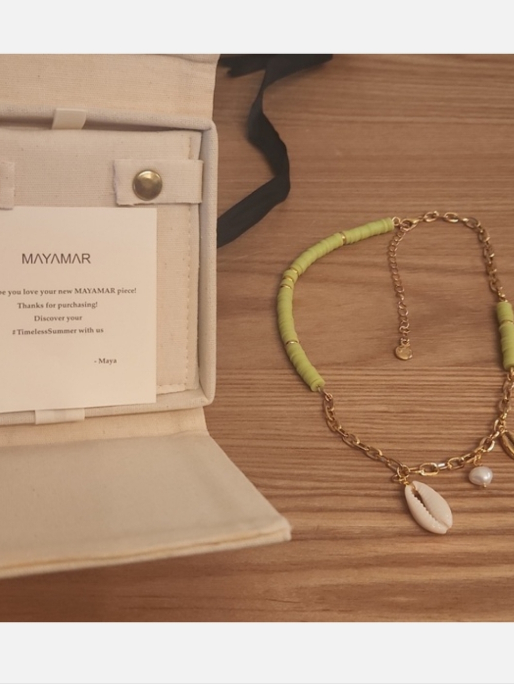 MAYAMAR x Invicta Lime Green Heishi Charm Necklace Cowrie Shell Pearl - Picture 5 of 5